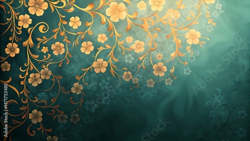 Golden floral flourishes and blooms gracefully cascade against a dreamy teal backdrop, evoking ethereal elegance