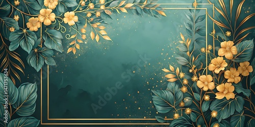 Golden floral frame features elegant blooms and leaves against an emerald background with subtle sparkle