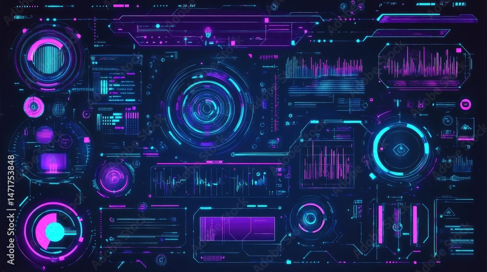 Futuristic digital dashboard with glowing interface elements. Various data visualizations and indicators Futuristic digital dashboard with glowing interface elements. Various data visualizations and indicators