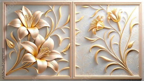 Golden lily flowers delicately adorn two framed panels with intricate embossed leaf accents