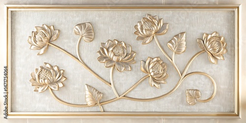 Golden lotus blossoms gently extend across a framed textured canvas, creating an elegant decorative panel