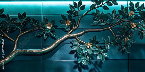 Golden tree branch adorned with green leaves and flowers sits against a teal backdrop