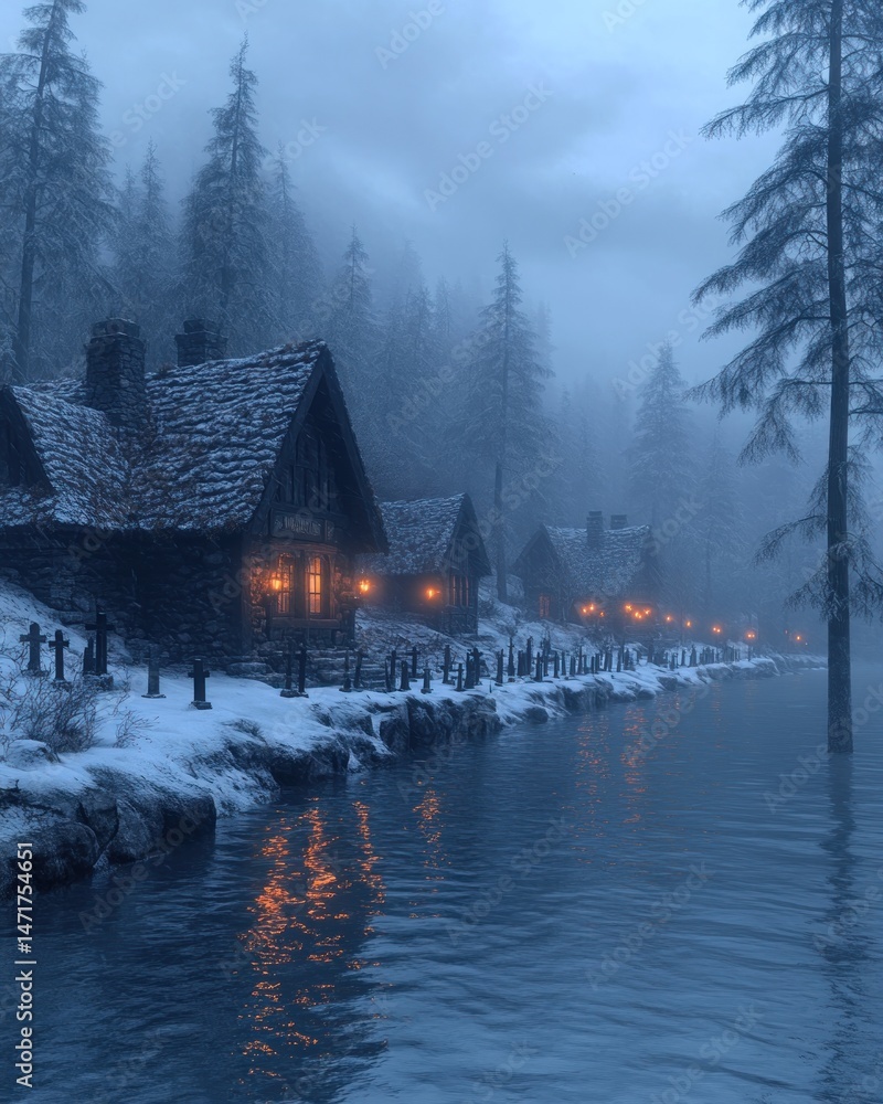 Fototapeta premium Snowy village by a river at dusk. Cozy winter scene