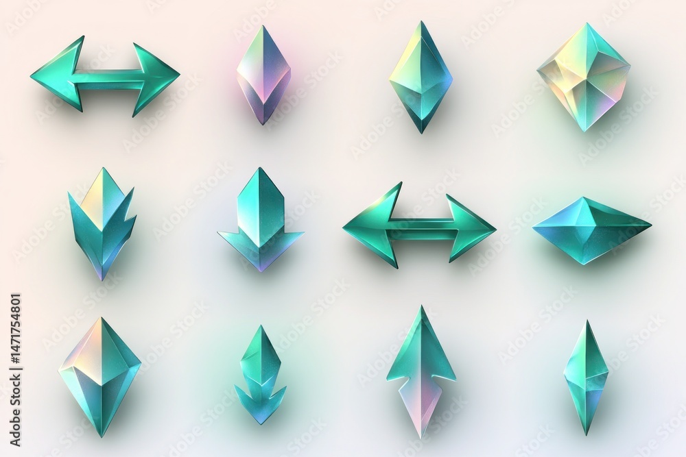 Fototapeta premium Set of colorful, geometric, crystal-like shapes and arrows. Various 3D forms. Modern, unique, decorative elements