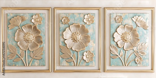 Three ornate framed panels feature gold flower reliefs against a textured blue backdrop, beautifully presented