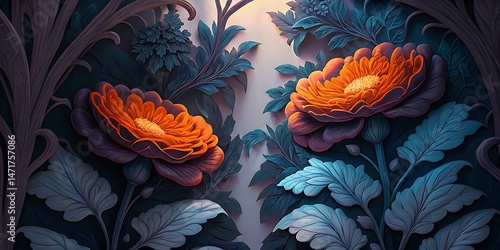 Two dimensional orange flowers beautifully surrounded by turquoise and dark indigo leaves offer vibrant contrast