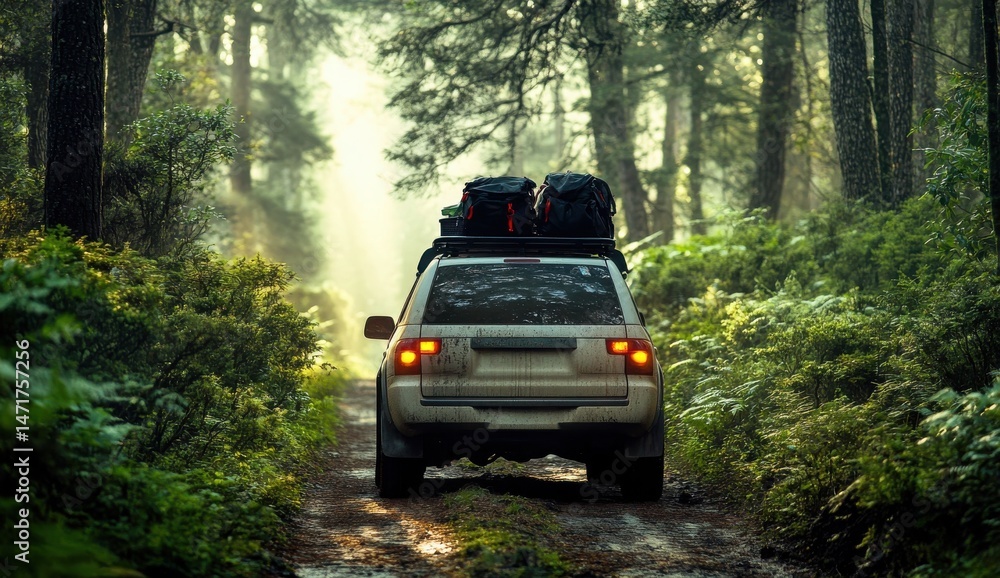 SUV Drives Through Lush Green Forest Path Adventure Travel SUV Drives Through Lush Green Forest Path Adventure Travel