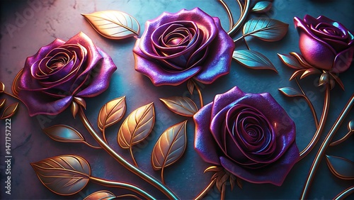 Vivid shimmering roses alongside delicate golden leaves create an opulent floral composition beautifully showcased