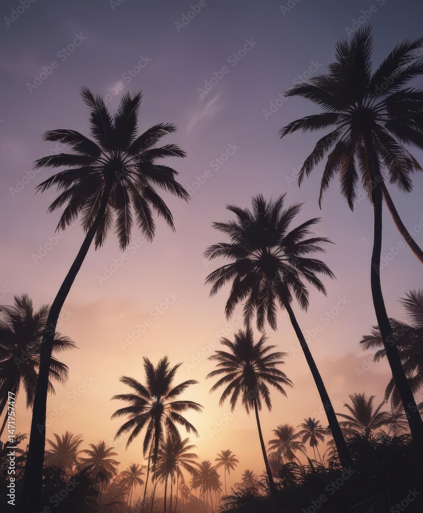 Dramatic palm tree silhouettes at dusk, sharp lines against soft sky , nature, trees, shadows Dramatic palm tree silhouettes at dusk, sharp lines against soft sky , nature, trees, shadows