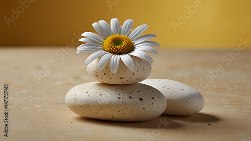 White Daisy on Stones with Yellow Background

