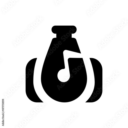 Black silhouette of a musical instrument with a note and rounded shapes on a white background view