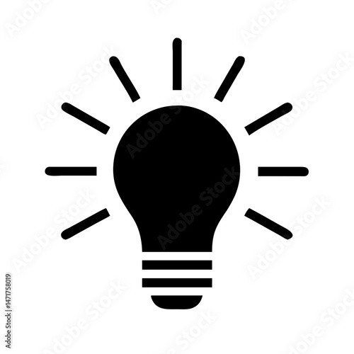 Bright Monochrome Minimalist Light Bulb with Radiating Lines and Threaded Base Icon Vector Illustration