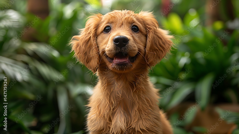 Obraz premium Adorable Golden Retriever Puppy Posing in Lush Green Garden Setting