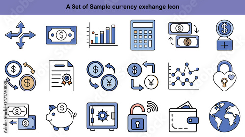 Various finance and currency exchange concepts are showcased through a set of blue bordered icons