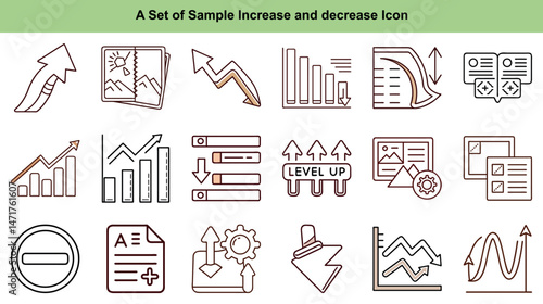 Assorted line icons showing increase, decrease, leveling up, and progress are seen clearly outlined
