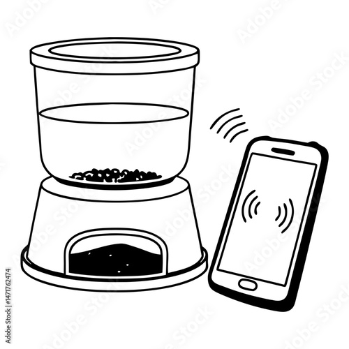 Smart pet feeder icon with pet bowl vector. Iot smart pet feeder with app notification logo