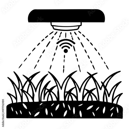 Smart sprinkler system with sprinkler head emitting water lines icon vector. Smart sprinkler with wireless control logo