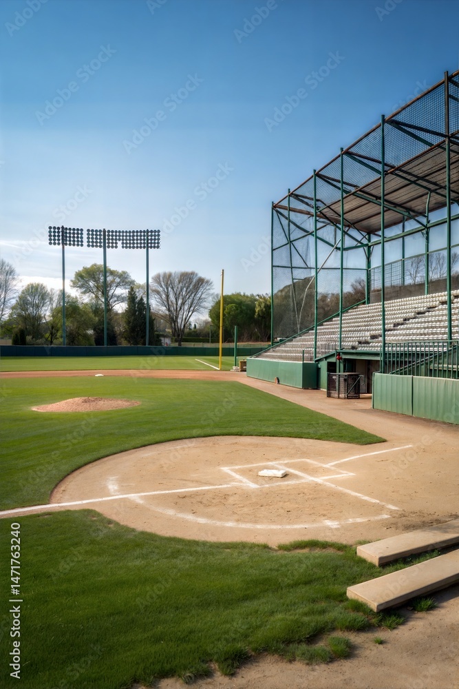 Fototapeta premium Empty Baseball Field with Backstop and Bleachers 