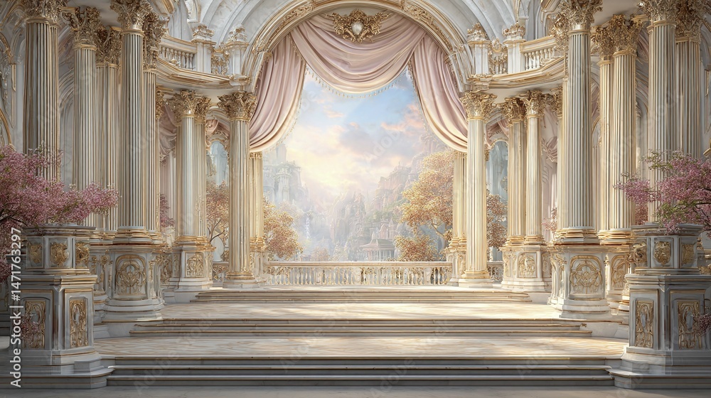 Fototapeta premium Ornate interior space with columns, steps, and a painted backdrop.