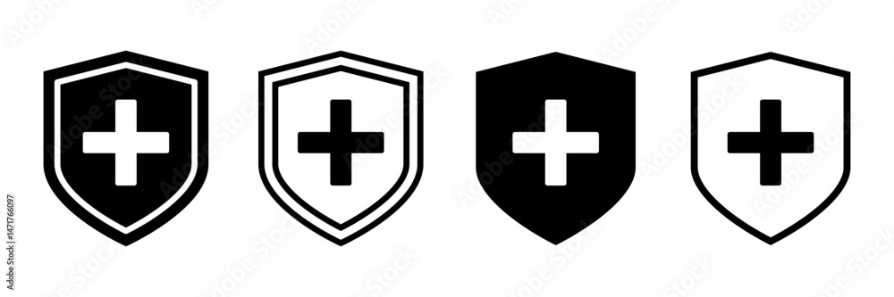 Medical Shield Icon Set with Cross Symbol. Health Protection, Safety and Security Black Outline and Filled Silhouettes for Healthcare and Medical Applications. Medical Shield Icon Set with Cross Symbol. Health Protection, Safety and Security Black Outline and Filled Silhouettes for Healthcare and Medical Applications.