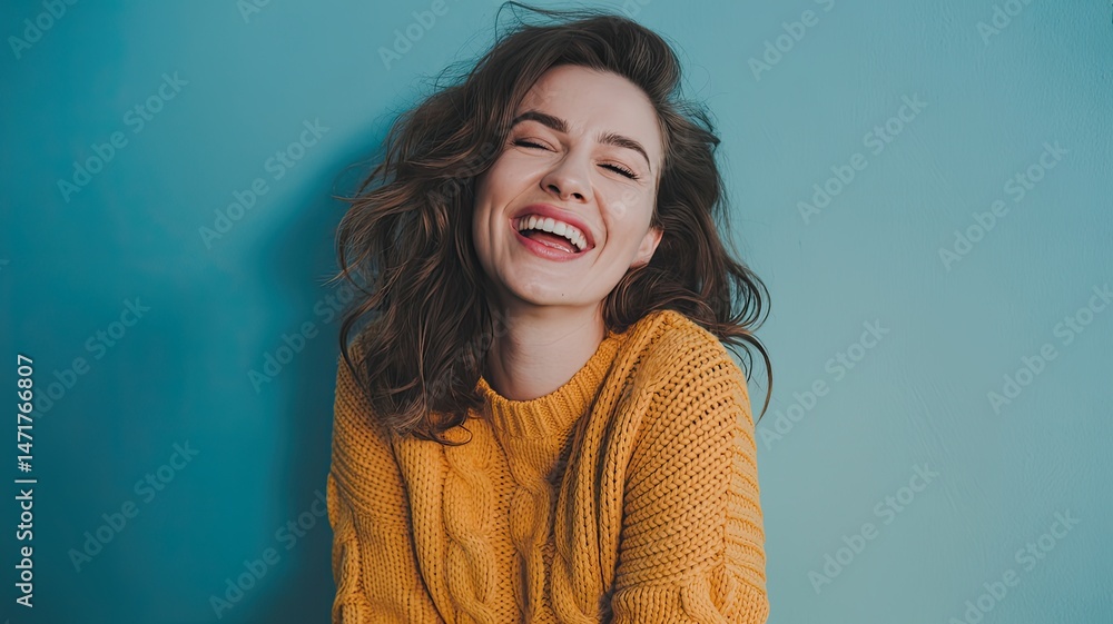 Obraz premium Close-Up Portrait of Young Woman in Mustard Yellow Chunky Knit Sweater, Joyful Expression with Closed Eyes and Open-Mouthed Laugh Against Solid Turquoise Blue Background