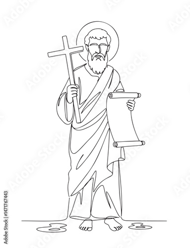 Saint Andrew holding a cross and a scroll, wise and steadfast, dressed in traditional robes
