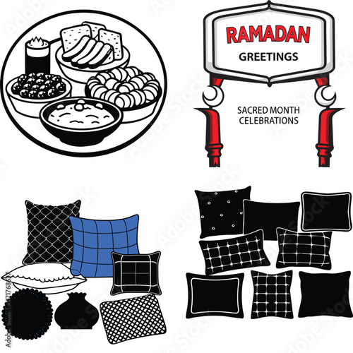 Ramadan Kareem Night Scene with Crescent Moon Stars Lantern and Sweets
