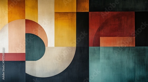 Abstract geometric shapes and colors create a dynamic wall art piece.