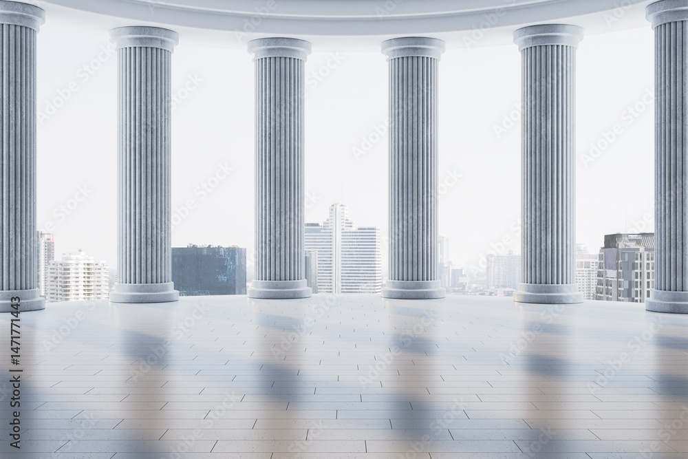 Ταπετσαρία Classical colonnade interior with marble columns and modern cityscape view under soft daylight, empty space design concept with symmetry and light