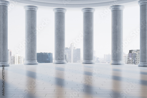 Tablou pe pânză Classical colonnade interior with marble columns and modern cityscape view under soft daylight, empty space design concept with symmetry and light