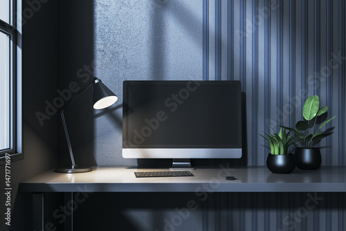 Obraz na płótnie Modern desktop computer setup with lamp and plants on sleek desk against dark textured wall background in moody lighting scene