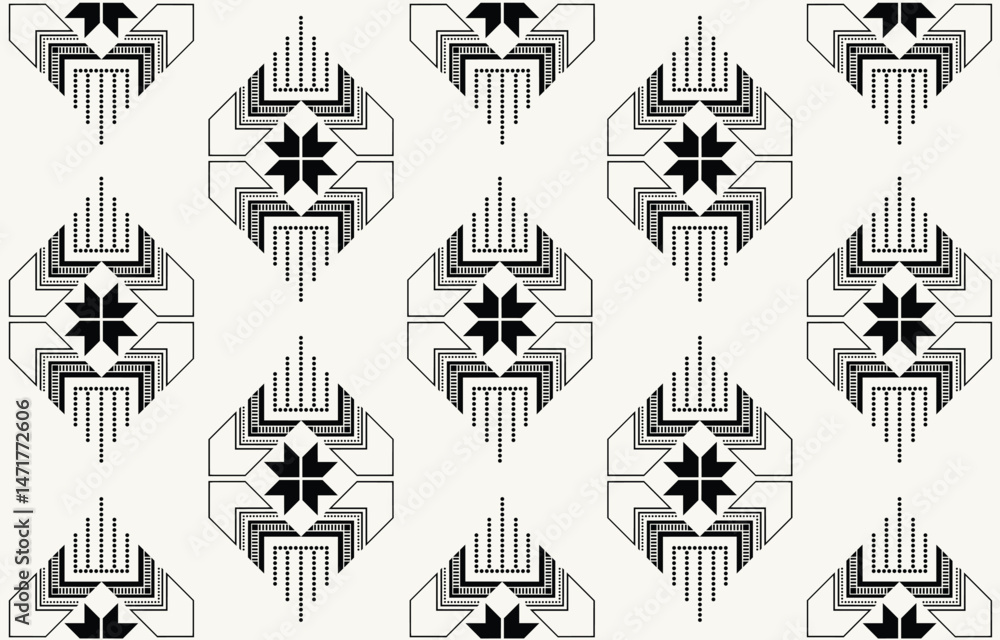 Fototapeta premium Ethnic tribal black and white background. Seamless tribal pattern, folk embroidery, tradition geometric ornament. Traditional design for fabric, textile, print, rug, paper