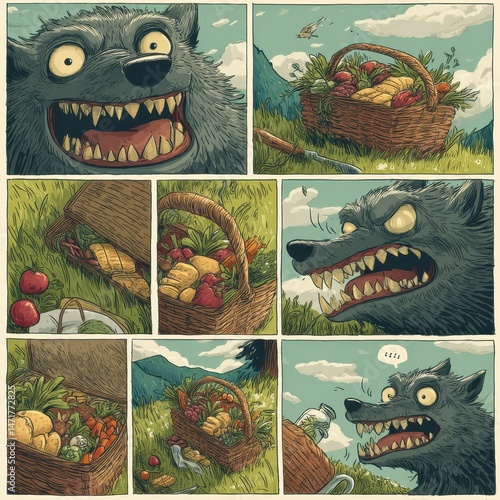 Frightening wolf watches basket of autumnal food.