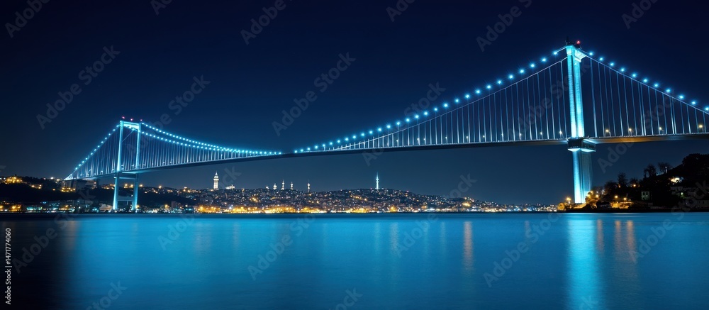 Naklejka premium Bosphorus bridge illuminates istanbul's skyline, connecting continents under the night sky