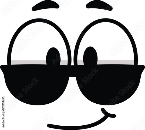 Cartoon face featuring large eyes, wearing stylish sunglasses and smiling slightly, radiating coolness and confidence with a cheerful, playful expression