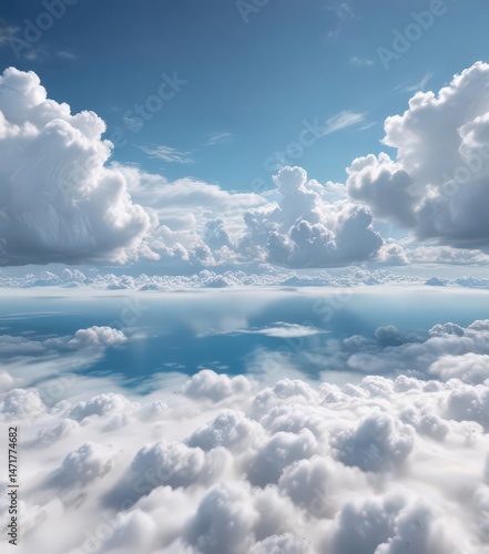Vast azure expanse, fluffy white clouds drift lazily , blue sky, aerial