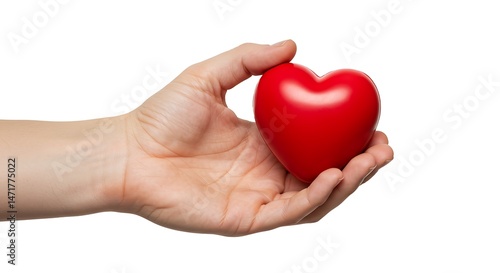 Hand holding a red heart shape on white background
