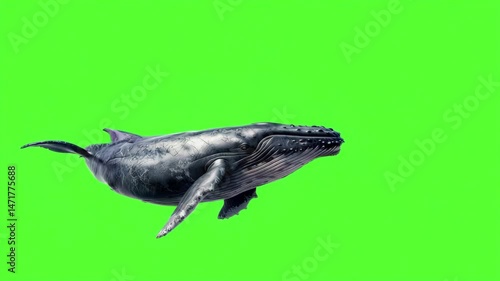 A humpback whale swimming on green screen background