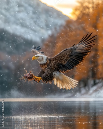 Wallpaper Mural Majestic bald eagle in flight, carrying prey over a winter lake Torontodigital.ca