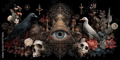 Ornate assemblage depicting all-seeing eye and assorted elements.