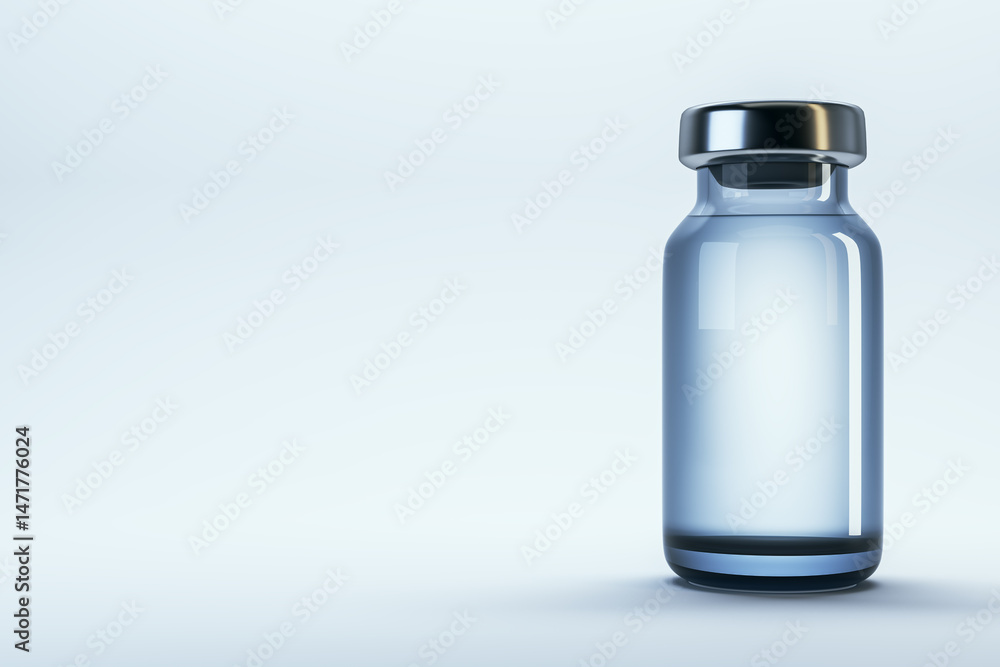 Blank medical vial mockup with metallic cap on clean light background for branding or packaging design presentation purposes. 3D Rendering Blank medical vial mockup with metallic cap on clean light background for branding or packaging design presentation purposes. 3D Rendering