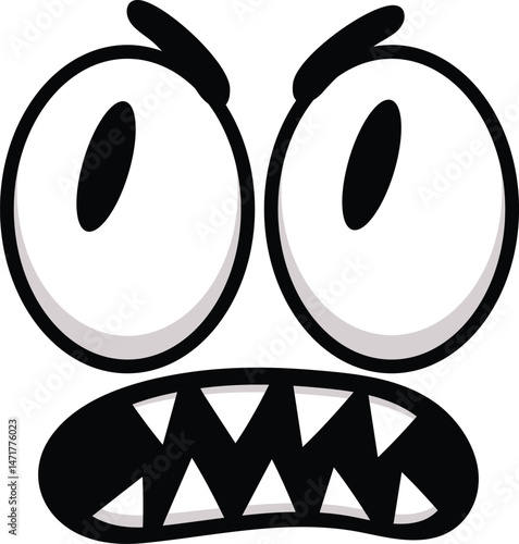 Cartoon face featuring sharp teeth and wide open eyes, vividly expressing anger and grumpiness in a humorous manner, isolated against a clean white background