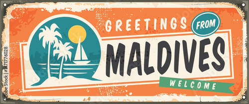 Greetings from Maldives vintage sign design template. Maldives souvenir poster with palm trees, sail boat and ocean. Travel destinations vector image.