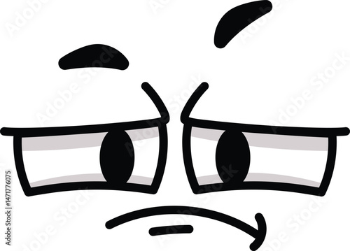 Cartoon face expressing distrust and skepticism, featuring a raised eyebrow and pursed lips. Rendered in black and white, isolated against a clean white background