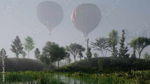 Принти на полотні Colorful hot air balloon floating above a slum water area, contrasting vibrant adventure with urban poverty