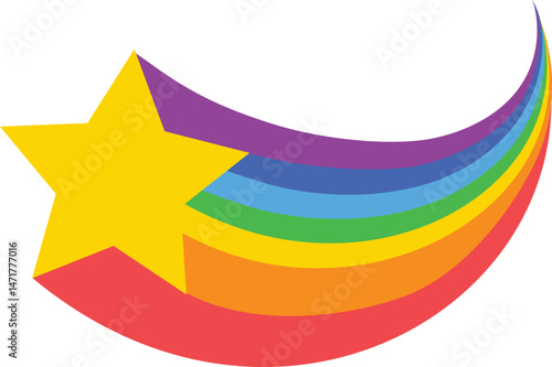 Colorful shooting star with rainbow trail flying on white background representing hope, dreams, success, achievement, luck, magic, freedom and achievement