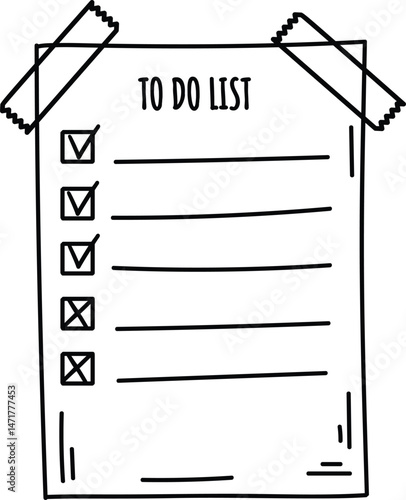 Simple line drawing of a to do list with some tasks completed and others pending, attached with adhesive tape to a white surface, representing organization and productivity