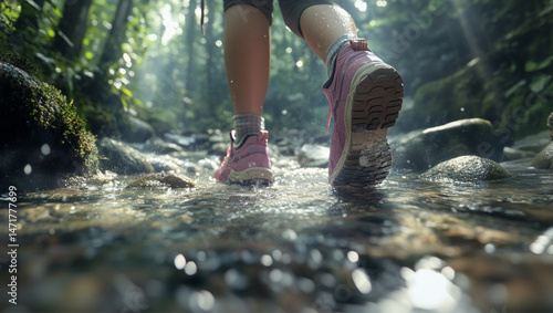 a view showing an outdoor adventurer walking through a shallow mountain stream. The shoes are stepping firmly on moss-covered wet stones, partially submerged in gently flowing clear water. photo