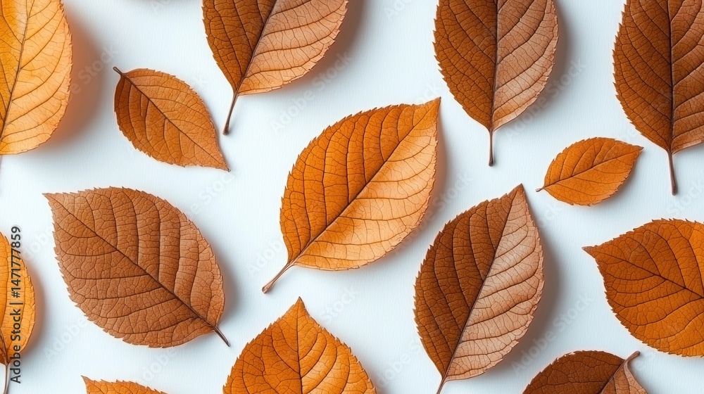 Obraz premium Autumn leaves arranged on a light background. A beautiful display of fallen leaves in warm autumnal tones