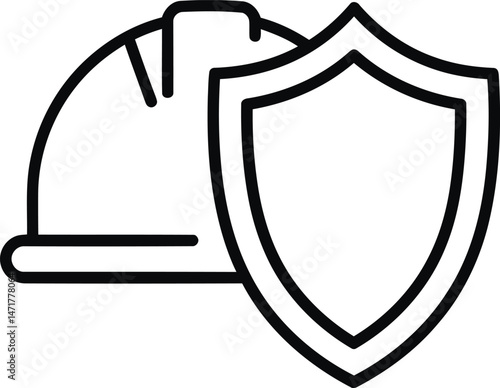 Safety First: Safety helmet and shield, a symbolic monochrome design, depicting workplace safety, security, and protection. 